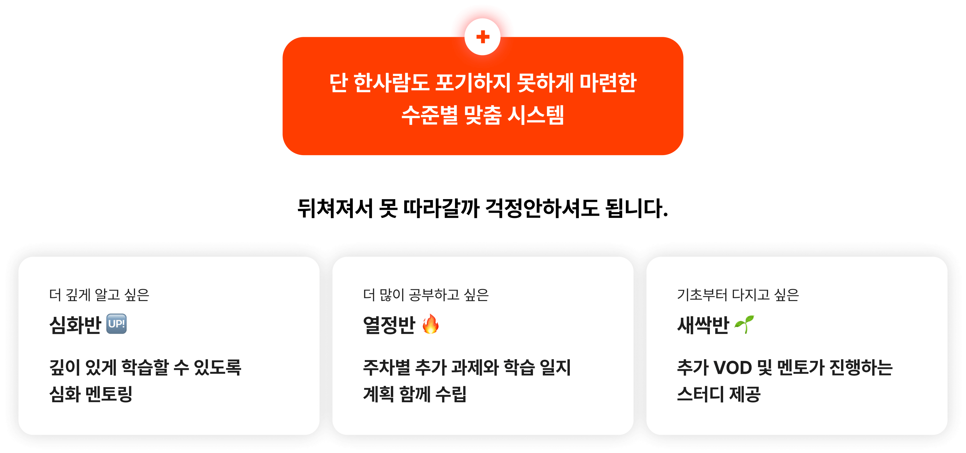 단 한사람도 포기하지 못하게 마련한 수준별 맞춤 시스템 - 심화반, 열정반, 새싹반