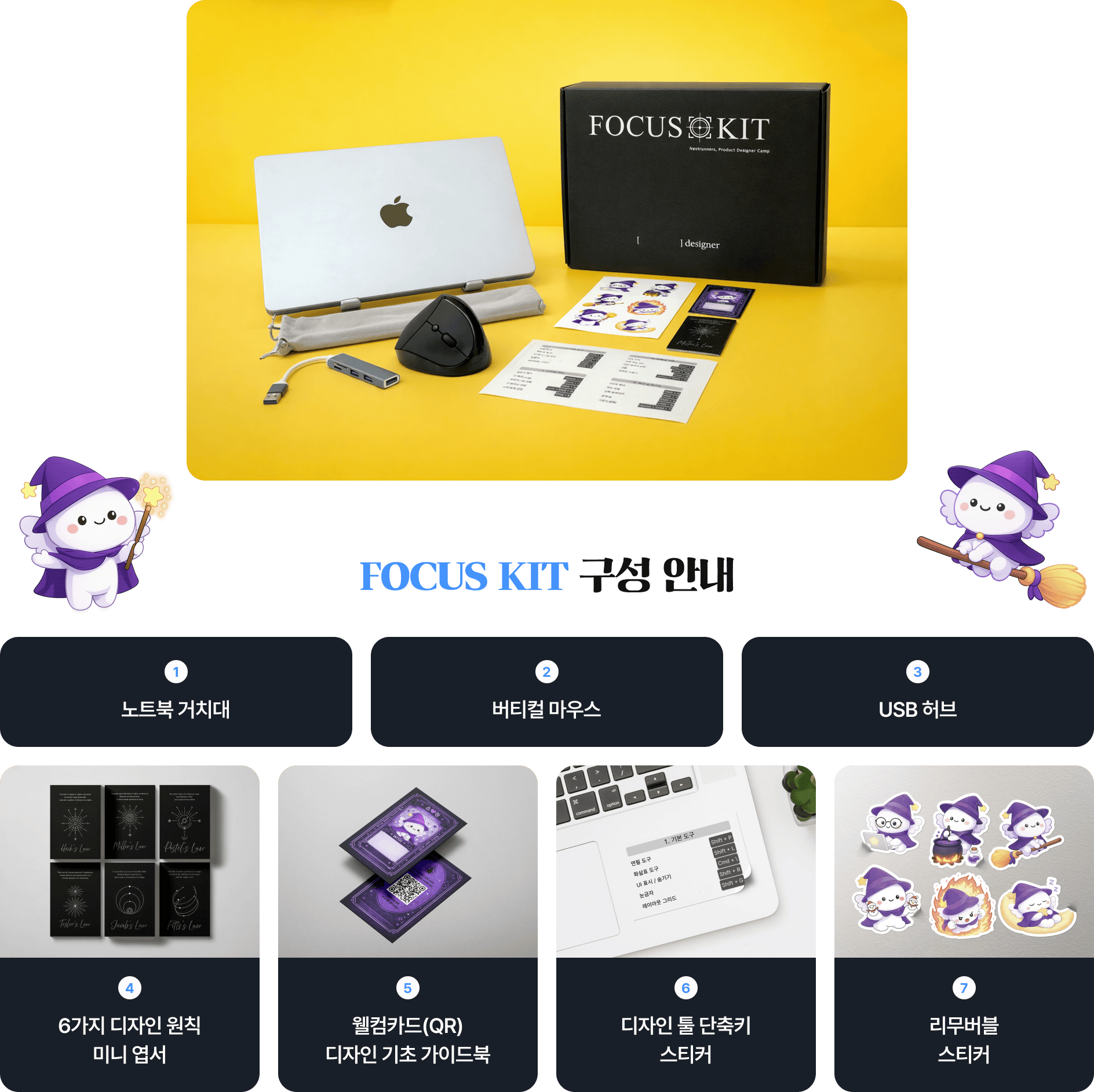 FOCUS KIT 구성 안내 - 노트북 거치대, 버티컬 마우스, USB 허브, 6가지 디자인 원칙 미니 엽서, 웰컴카드(QR) 디자인 기초 가이드북, 디자인 툴 단축키 스티커, 리무버블 스티커